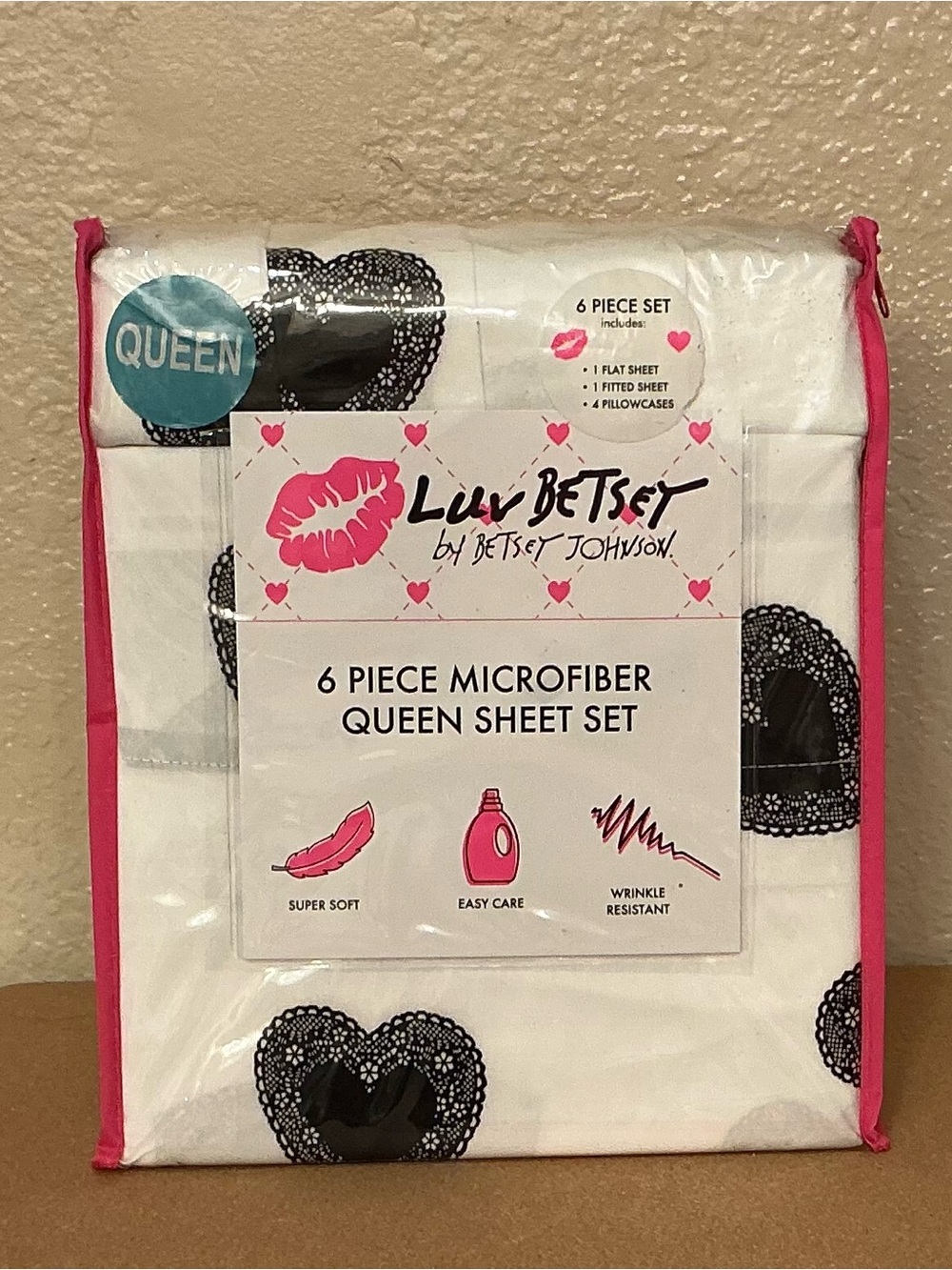 Betsey Johnson White Queen Sheet Set with Black Lace Heart Print